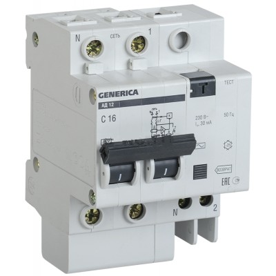 Выключатель автоматический дифференциального тока  Generica АД12 10А 30мА С 2п