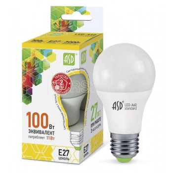 Лампа светодиодная LED-A60-standard 11Вт грушевидная 3000К тепл. бел. E27 990лм 160-260В ASD
